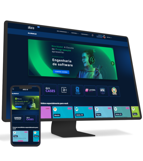 Um monitor e um celular com a alura plus aberto